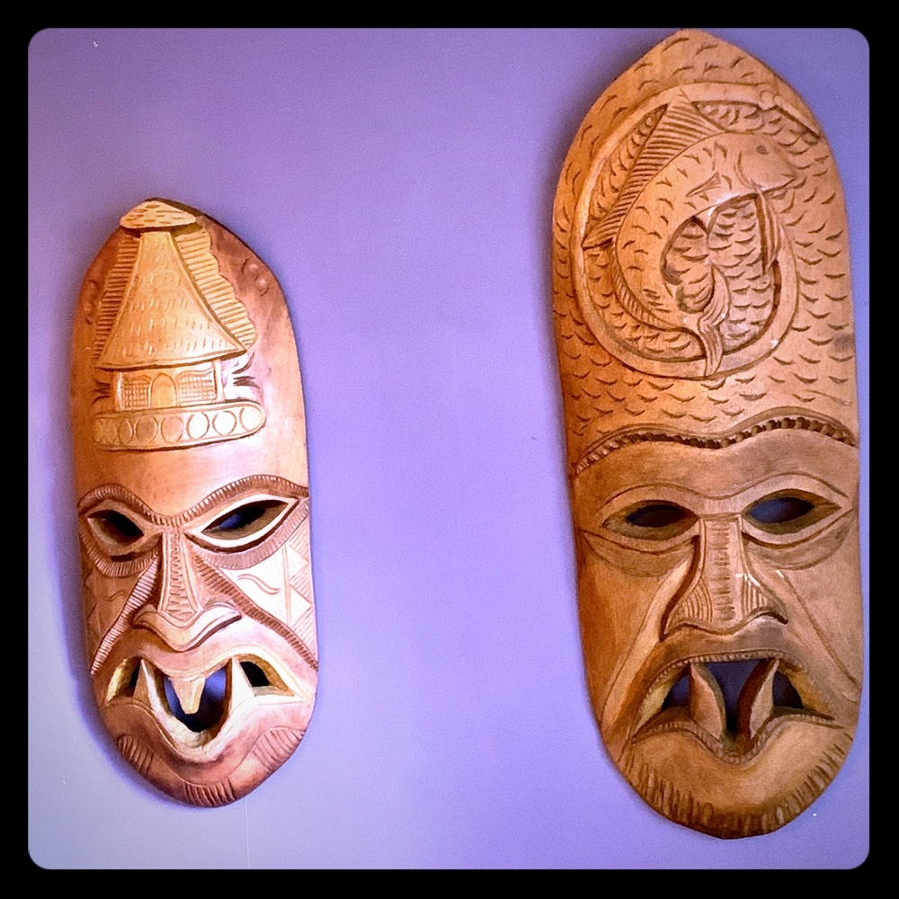 Set/2 Antique Hand-Carved Asian-Inspire Wood Masks